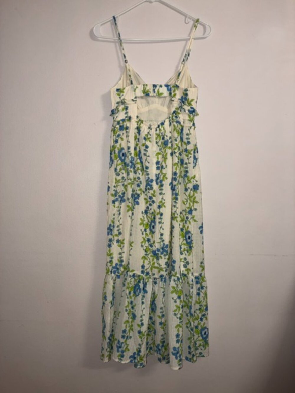 Women's White & Blue Floral Smocked Maxi Dress with Spaghetti Straps